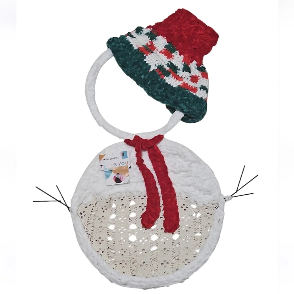 Hand Crafted Crochet Wire Frame Snowman Christmas Decor Handmade Holiday Wreath